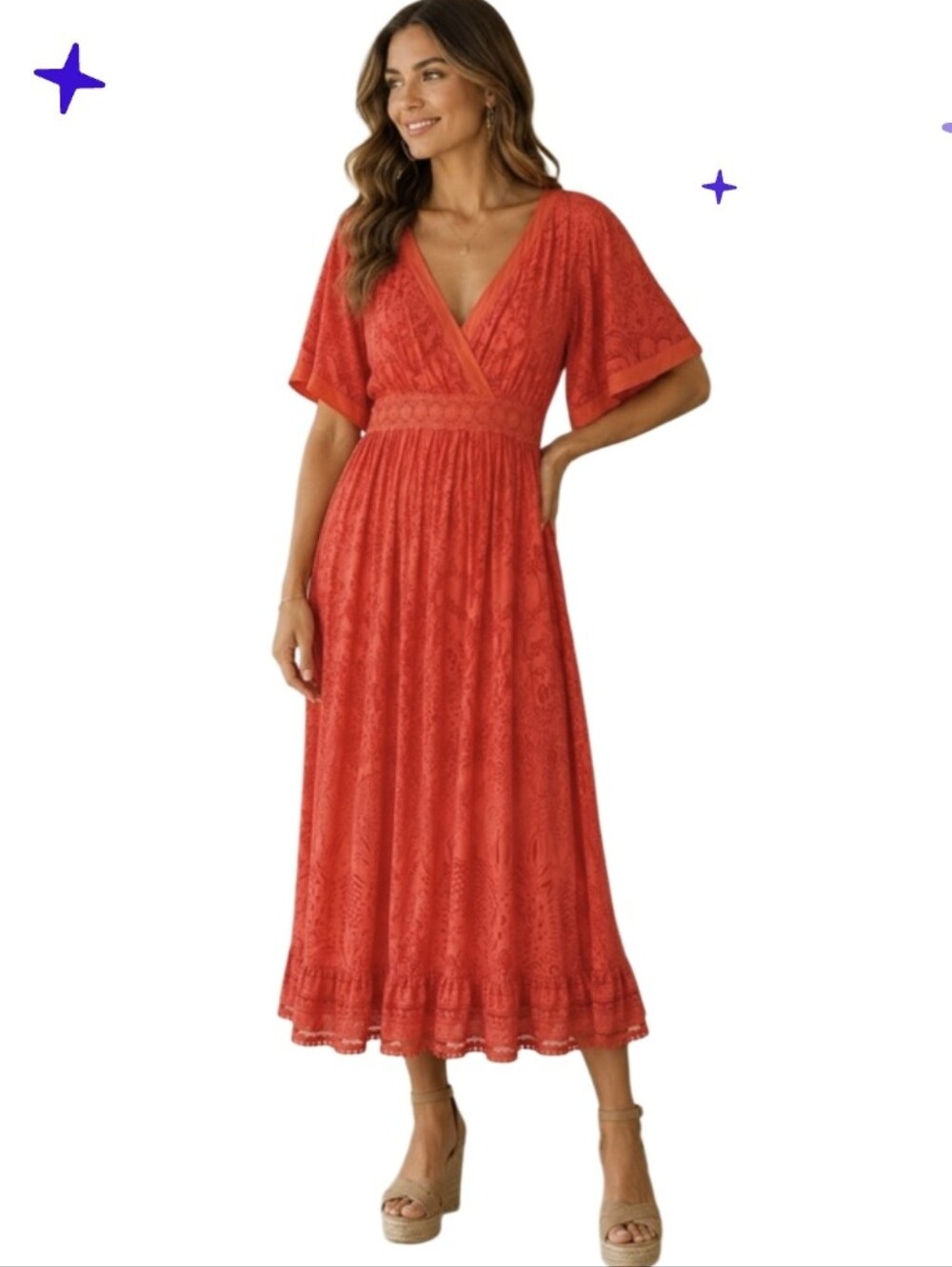 Farm Rio Anthropologie Devore Coral Orange Lace Maxi Dress Size Medium Wedding